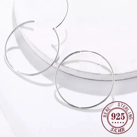 NEW Classic Large Circular 925 Silver Polished Hoop Earrings - Picture 3 of 13